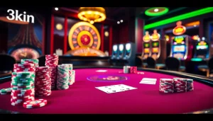 Experience high-stakes poker at 3king's online casino with vibrant lighting and luxurious decor.