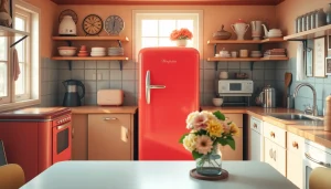 Showcasing colorful retro appliances in a vintage kitchen setting filled with charm.