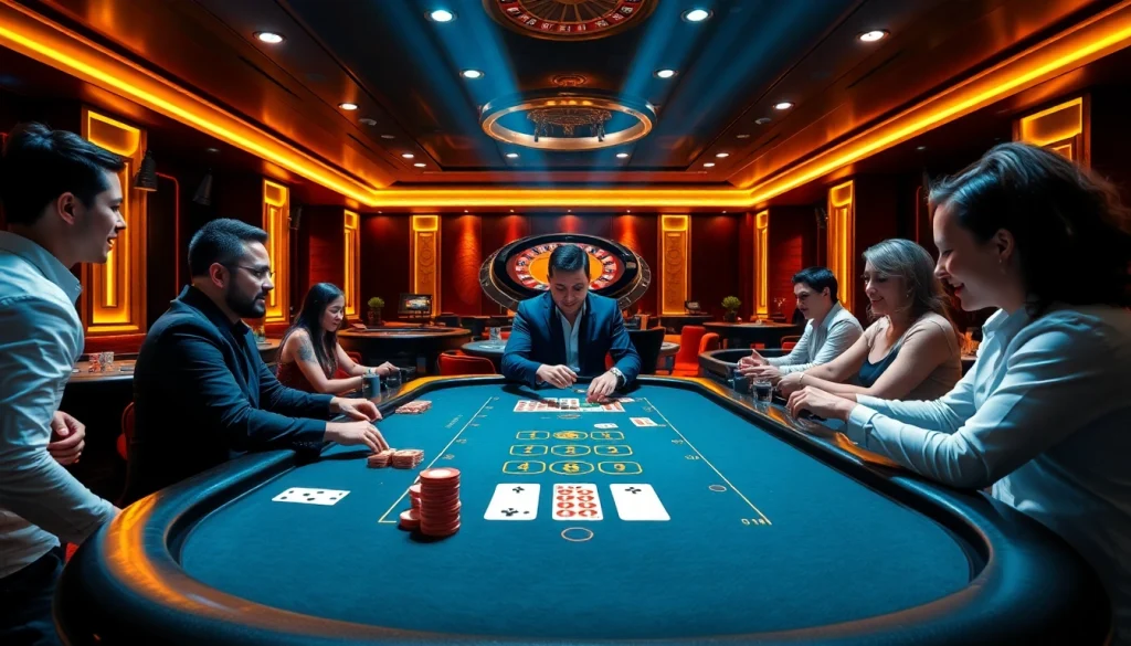 Gamblers enjoying high-stakes at https://xx88.promo/ with a modern casino backdrop and professional ambiance.