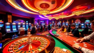 Khela88 Casino scene showcasing live gamers at roulette, slots, and poker tables with vibrant energy.
