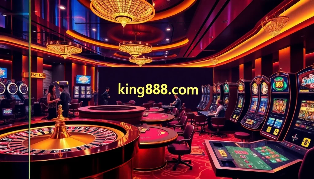 Exciting players interacting with digital gaming at king88 .com, showcasing a luxurious casino atmosphere.
