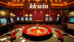 Experience the thrill of winning at kk win with a vibrant casino scene featuring roulette and slot machines.
