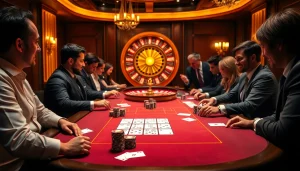 L444 casino players engaged in dynamic betting activities at an elegant table with poker chips and cards.