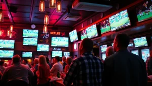 Exciting sports betting South Carolina scene at a bustling bar with engaged patrons, colorful lights, and lively atmosphere.