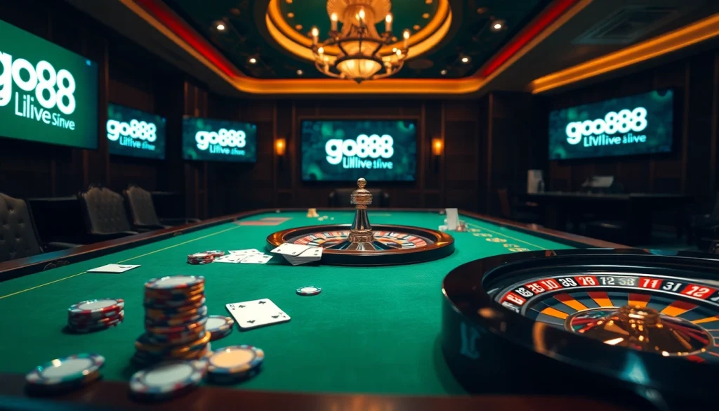 Experience the thrill of go88 live at an elegant casino gaming table featuring poker chips and cards.