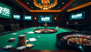 Experience the thrill of go88 live at an elegant casino gaming table featuring poker chips and cards.