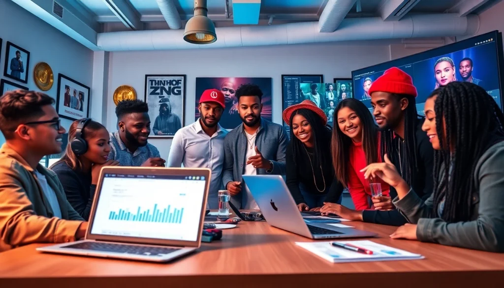 Vibrant scene of a hip hop PR firm showcasing publicists collaborating to elevate artists' careers.