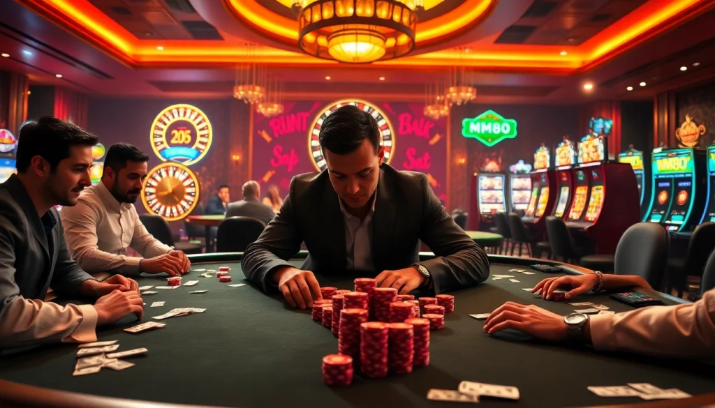 MM88 players strategically placing bets at a glamorous poker table in a casino.