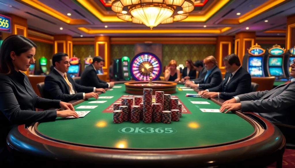 Players strategizing at the OK365 casino table with colorful poker chips, creating an exciting atmosphere.