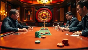 Engaged players enjoying poker at a luxurious casino table featuring shbet branded elements.