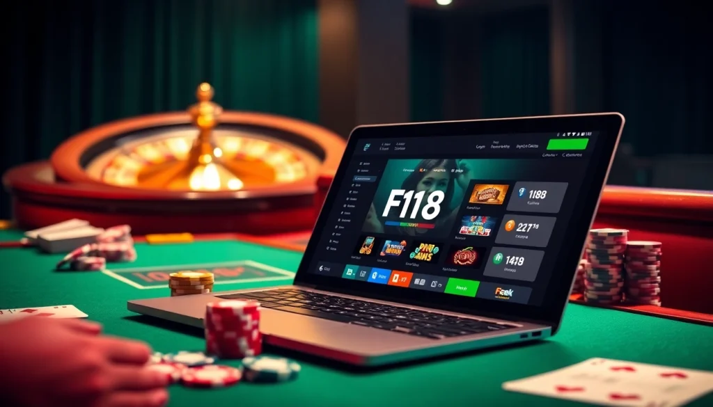 Engaging online gambling interface F168 with poker chips and vibrant casino elements.