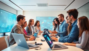 Engaging human interface with AI in a collaborative workspace, highlighting interaction and technology integration.