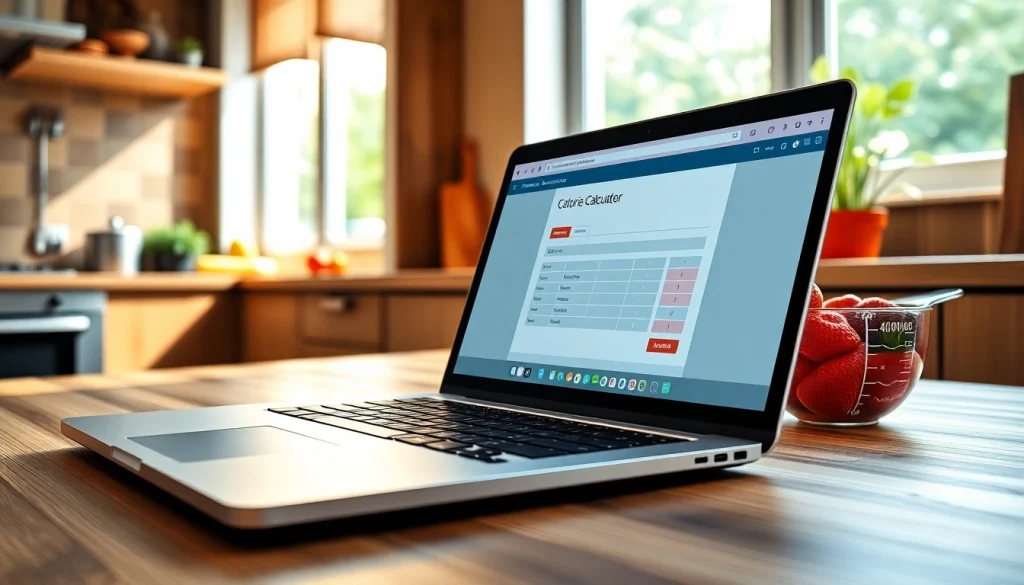Engaging calorie calculator interface shown on a laptop in a bright kitchen setting.