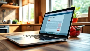 Engaging calorie calculator interface shown on a laptop in a bright kitchen setting.