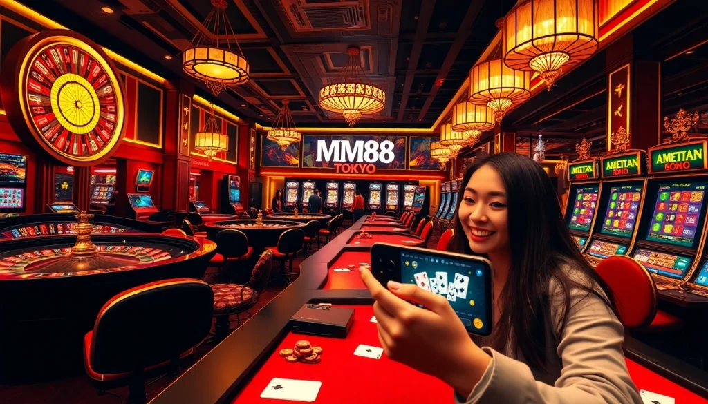 MM88 Tokyo offers an exciting gambling experience with vibrant casino elements like roulette and poker tables.