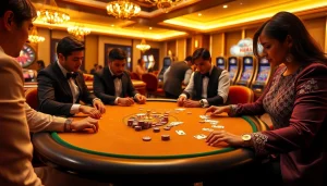 Experience the thrill of Lc88 at a luxurious casino table with intense poker action and vibrant gameplay.