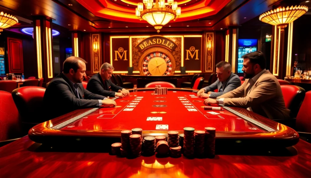 Players strategizing at a high-stakes poker table at https://9dbett.com.br, showcasing excitement and luxury.