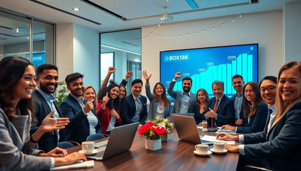 Celebration of financial success at BOX138 with professionals in a modern office.