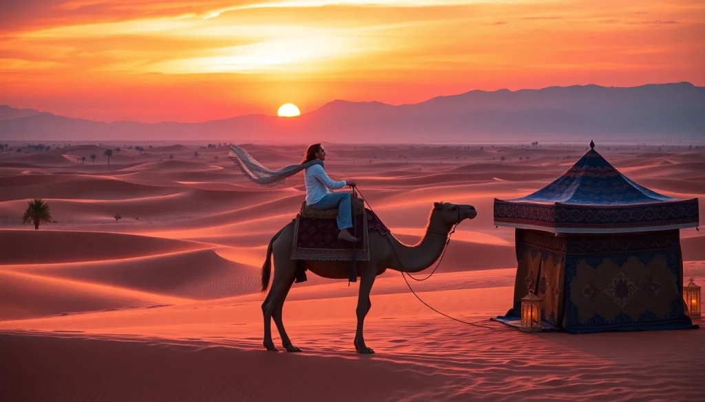 Agafay Desert camel ride at sunset, showcasing a rider on a camel against golden dunes and a vibrant sky.
