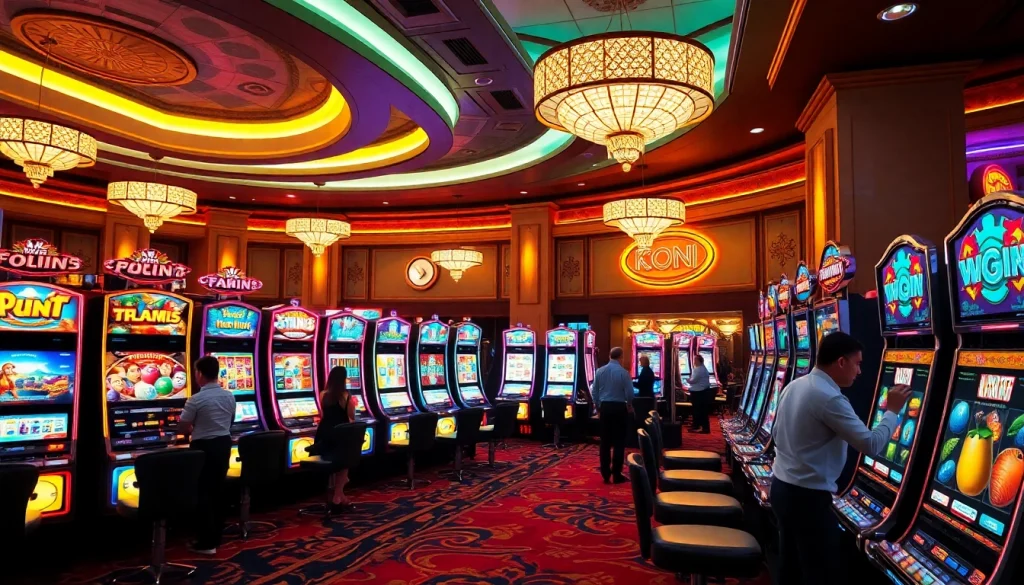 Engaging scene of Slot Online gamers immersed in the thrill of the casino slot machines.