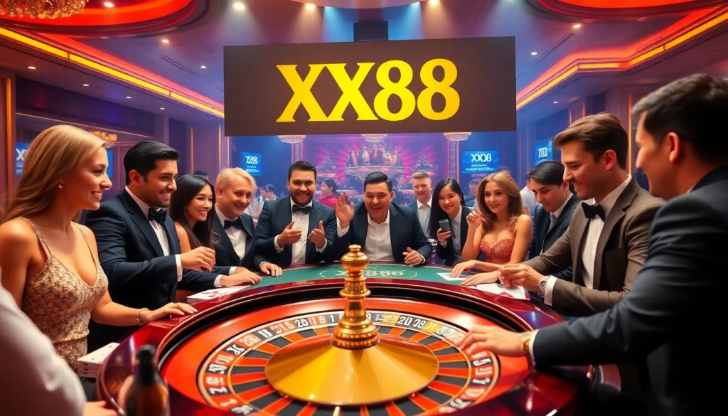 Gamblers enjoying a thrilling Roulette game at XX88 casino, surrounded by vibrant colors and opulent decor.