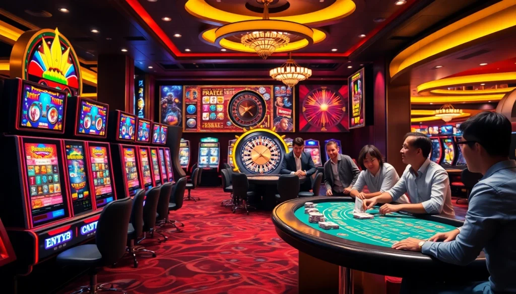 Exciting slot machine gameplay at https://www.slots899.com/ with colorful lights and eager players.