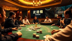 Experience thrilling gameplay with 주소모음 at a luxurious casino poker table filled with excitement and professional gamblers.