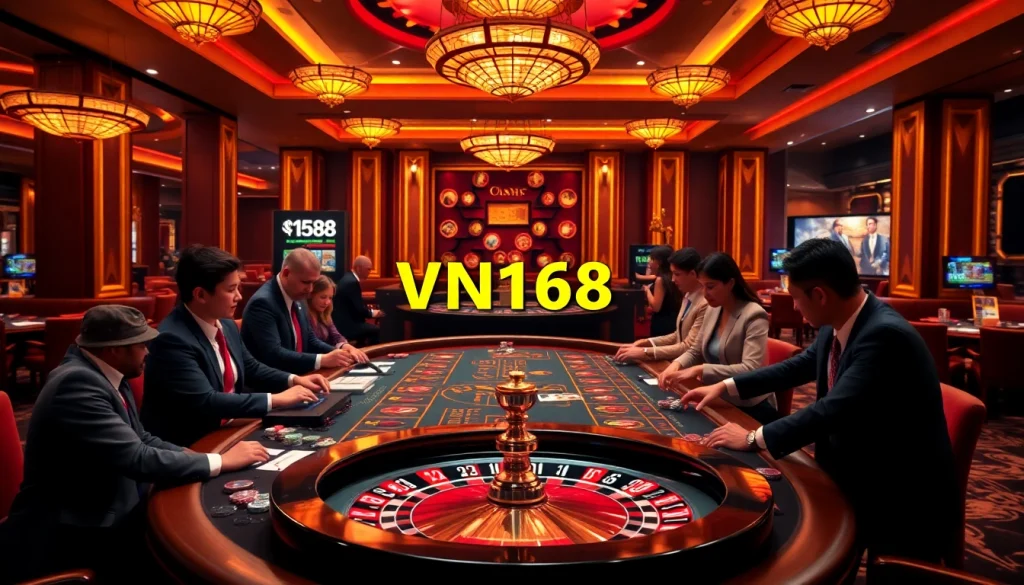 Engage with VN168's thrilling casino atmosphere featuring tables, chips, and a roulette wheel.
