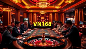 Engage with VN168's thrilling casino atmosphere featuring tables, chips, and a roulette wheel.
