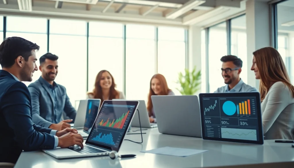 Evaluate competitive intelligence through teamwork in a modern office environment with data analysis tools.