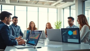 Evaluate competitive intelligence through teamwork in a modern office environment with data analysis tools.