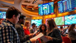 Engaging sports betting Manitoba scene showcasing enthusiastic bettors placing wagers.