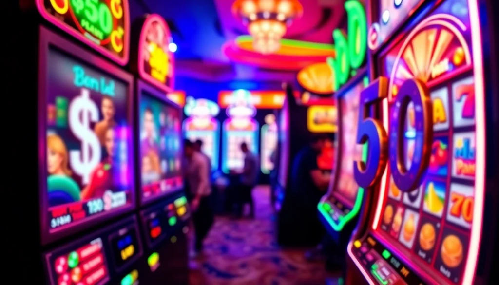Slot bet 50 menonjol di mesin slot yang berwarna-warni dalam suasana kasino yang ramai.