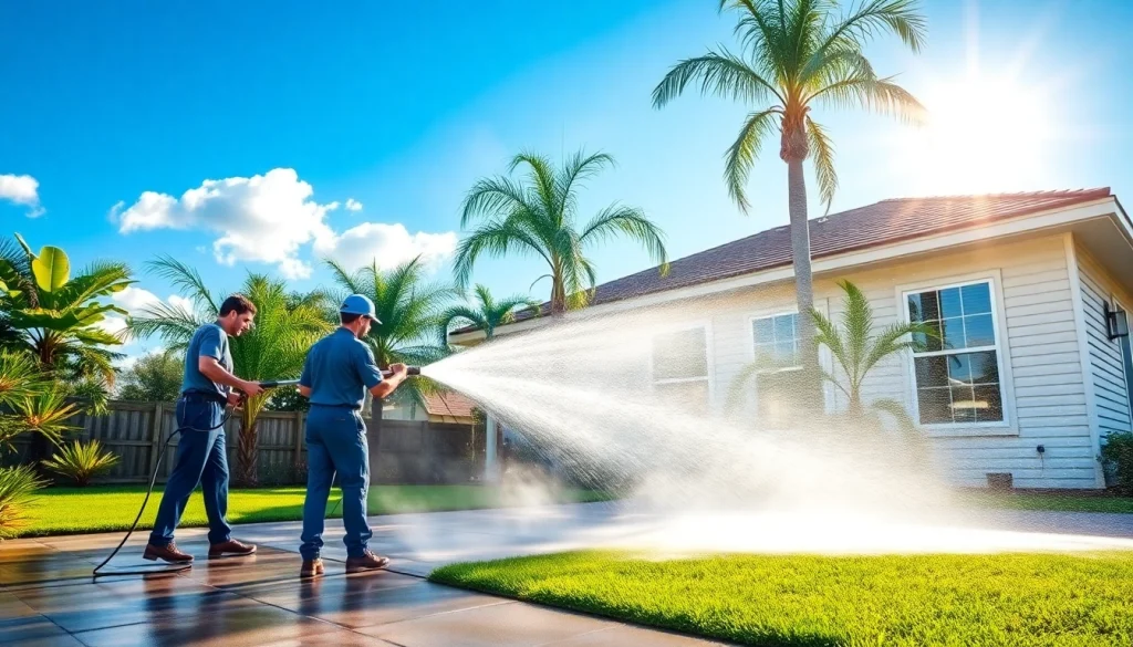 Professional team performing a pressure wash on a residential property in Kissimmee, FL, showcasing the cleaning process.