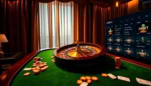 Experience the thrill of f8bet with a vibrant casino scene featuring a spinning roulette wheel and betting chips.