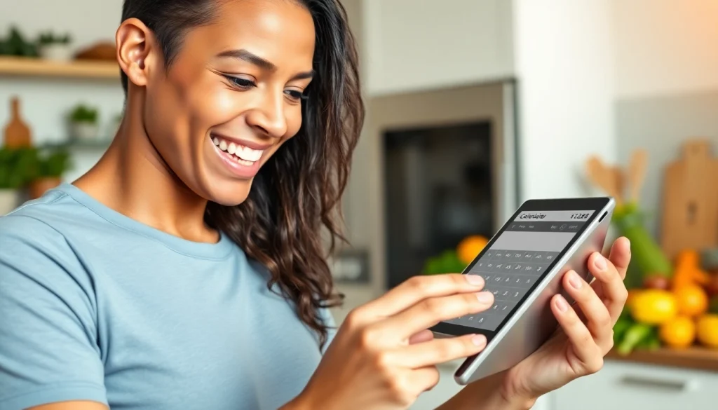 Engaged individual using a calorie calculator in a bright kitchen while analyzing healthy meals