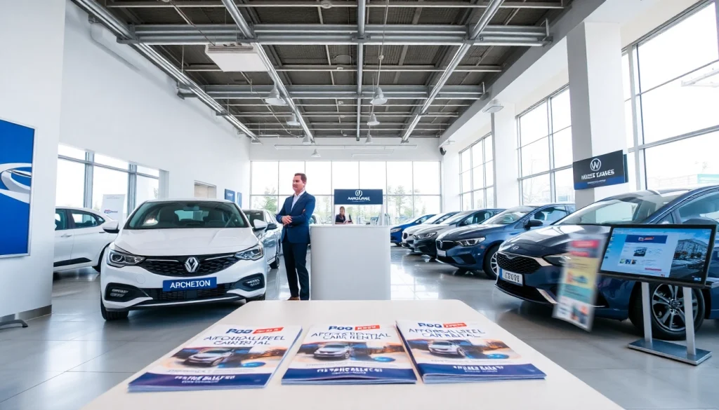 Chirie auto ieftin at a modern Chișinău rental office, highlighting customer service and vehicle options.