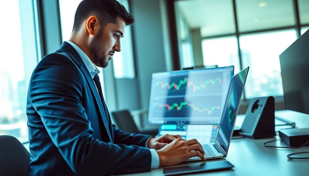 Engaged trader using hotforex mt4 on his laptop in a bright office.