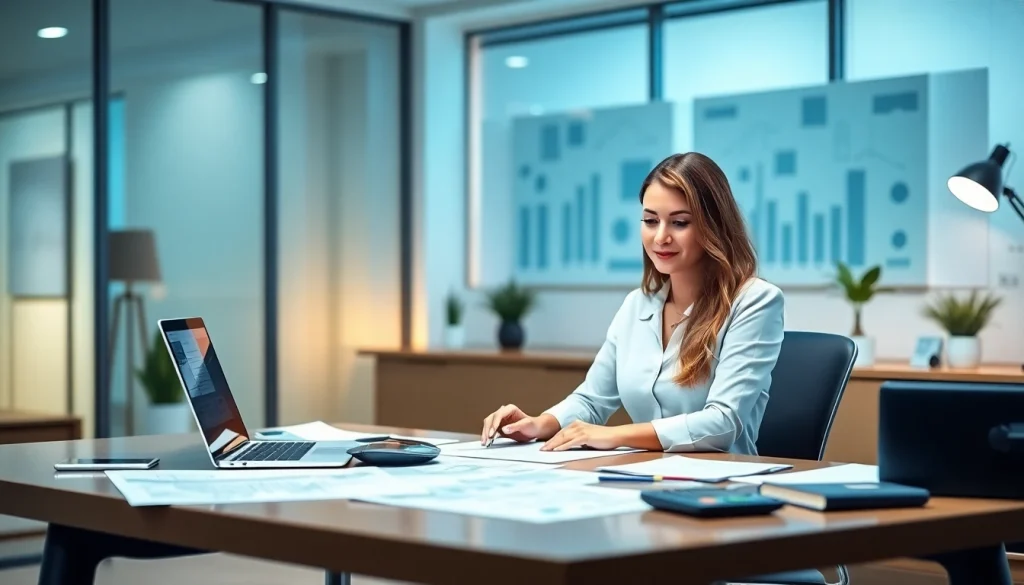 Księgowość dla firmy budowlanej w profesjonalnym biurze, ukazująca księgowego pracującego nad dokumentami finansowymi związanymi z budową.