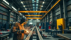 A skilled worker at a steel fabrication shop expertly welding metal, showcasing craftsmanship and industry efficiency.