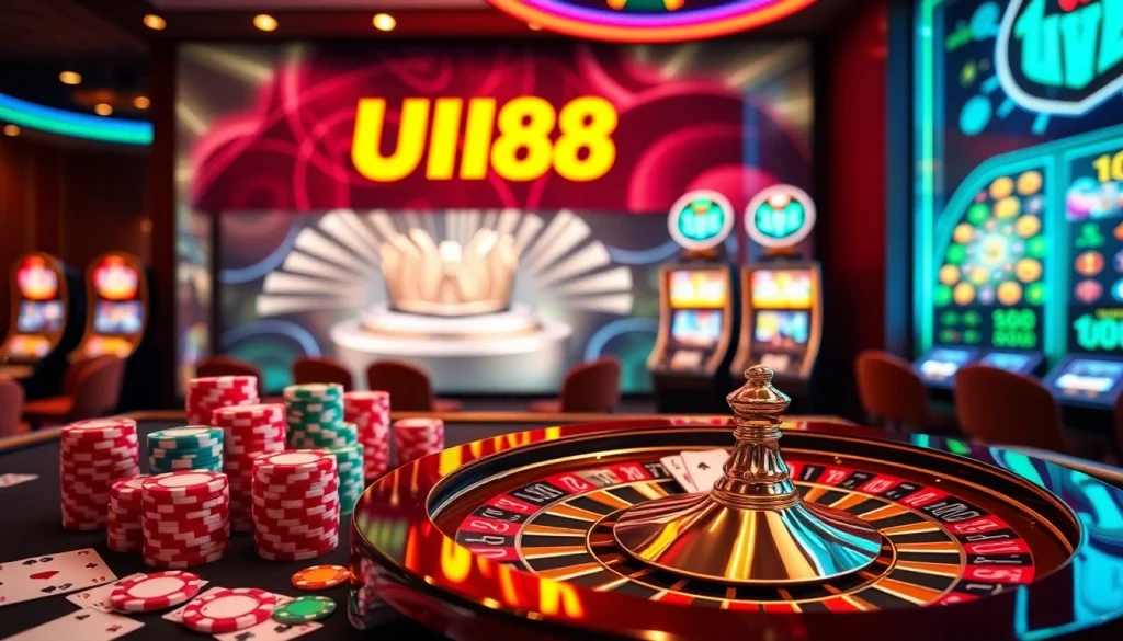 Experience the excitement of UU88 casino gaming with vibrant poker tables and slot machines.