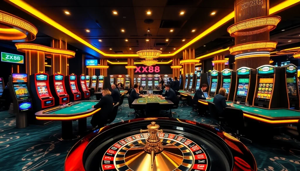 Action-packed casino scene highlighting XX88 gaming excitement with vibrant tables and slot machines.