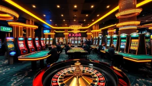 Action-packed casino scene highlighting XX88 gaming excitement with vibrant tables and slot machines.
