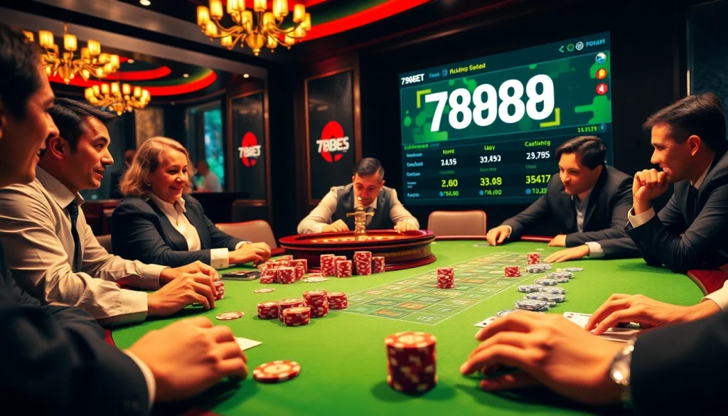 Players engaged at a poker table, exploring the trustworthiness of 789BET có uy tín không in a vibrant casino setting.