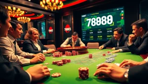 Players engaged at a poker table, exploring the trustworthiness of 789BET có uy tín không in a vibrant casino setting.
