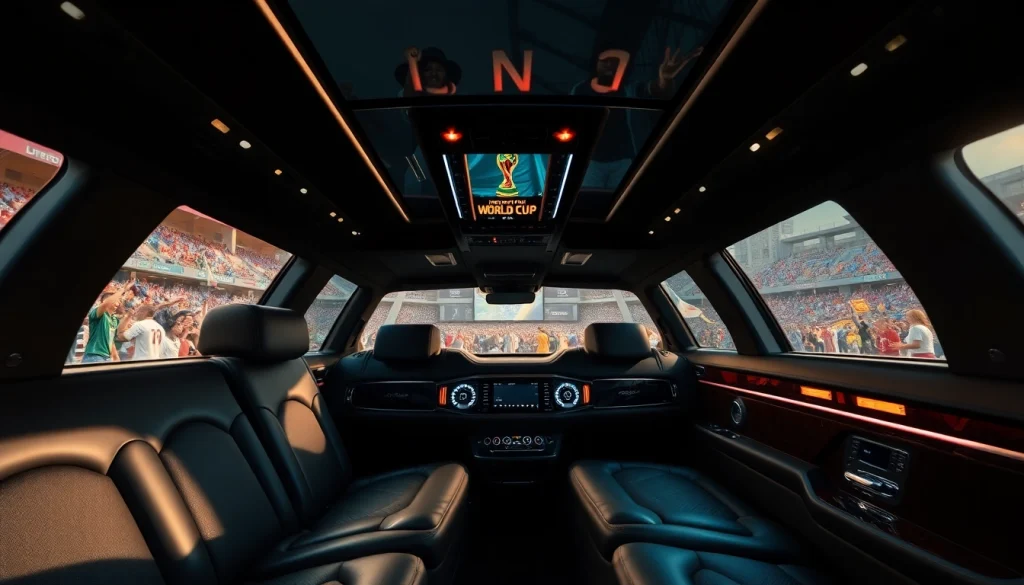 World Cup Group Transportation in a luxury limousine arriving at a stadium, showcasing plush interiors and vibrant atmosphere.