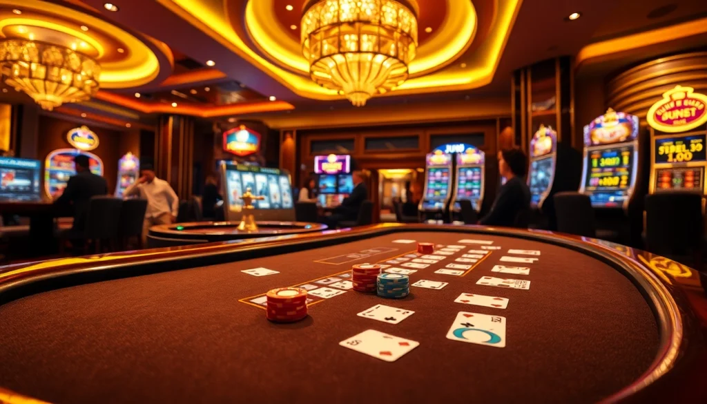 Experience the thrilling excitement of Jun88 at a dynamic casino table with cards and chips.