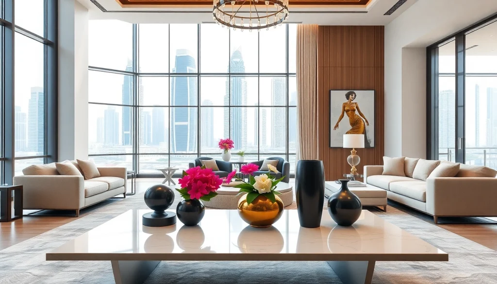Stunning modern living room showcasing interior design dubai with luxurious furnishings and skyline view.
