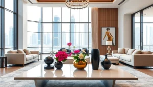 Stunning modern living room showcasing interior design dubai with luxurious furnishings and skyline view.