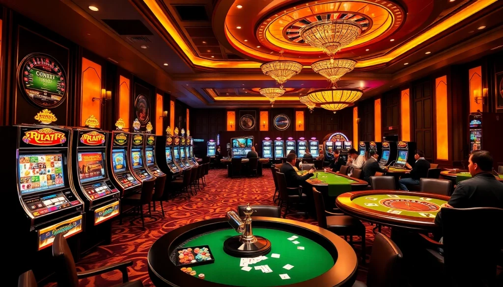 S88vip casino scene showcasing an exciting gaming atmosphere with slot machines and poker tables.